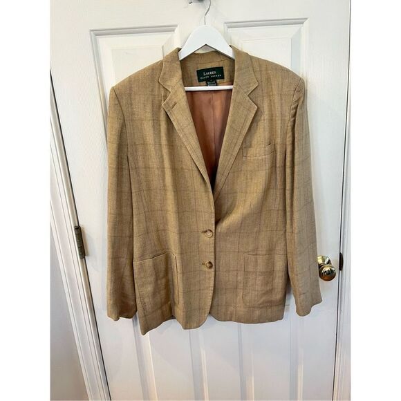 Vintage Lauren Ralph Lauren Tan Herringbone Windowpane Blazer sz 14 EUC - Picture 1 of 9